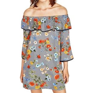 Zara gingham floral off shoulder dress